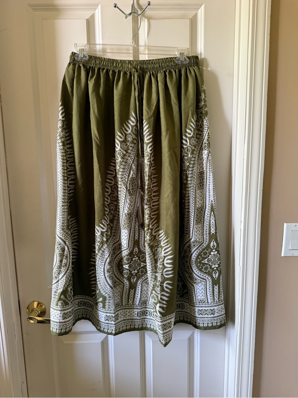 Olive Green Printed Midi Skirt with Elastic Waist